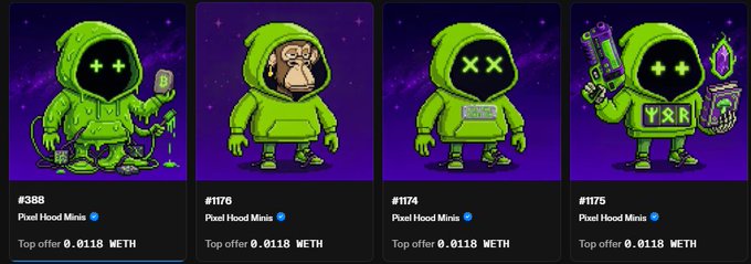 Four NFT-style illustrations of green hooded characters with different designs labeled #388, #1176, #1174, and #1175, all titled 'Pixel Hood Minis' with a top offer of 0.0118 WETH.