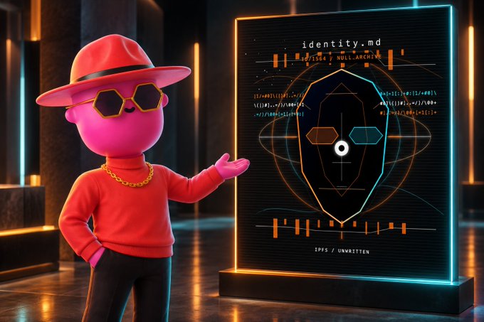 A 3D-rendered pink character wearing a red fedora, hexagonal sunglasses, and a gold chain gestures toward a glowing neon display screen showing a digital face avatar and the text 'identity.md' and 'SPPS / UWRETTIEM'.