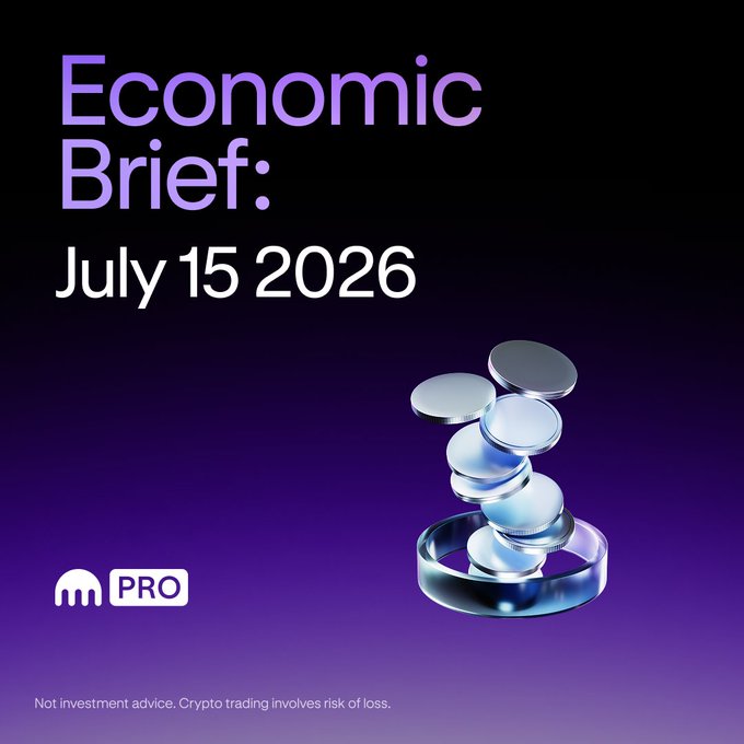 A graphic titled "Economic Brief: July 15 2026" features the Kraken Pro logo and a stacked metallic coin visual, with a disclaimer noting "Not investment advice. Crypto trading involves risk of loss." The image serves as a cover for a market outlook highlighting four key economic events over the next two weeks (July 15–29) that crypto traders should monitor.