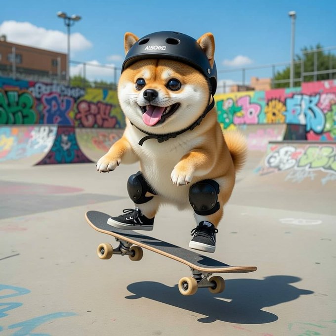 The image features a dog wearing a helmet, riding a skateboard with its front paws on the board's edge. The background of the photo shows graffiti-covered walls, suggesting that this scene takes place at an urban skate park or similar location. The caption of the image reads "Have a terrific day Shibu family @ShibuCoinSolana", which is likely a reference to the Shibu family and their involvement in the creation of the graffiti art seen on the walls surrounding the skateboarder's activity.