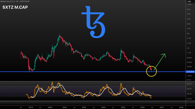 A weekly Tezos (XTZ) market cap chart from 2019 to projected 2028, showing the current price bouncing off a key support level (~$265M) circled in yellow, with an oscillator indicator below suggesting potential for upward momentum. The chart's blue horizontal support line and green upward arrow visually reinforce the post's bullish thesis of a market cap bottom and expected bounce.