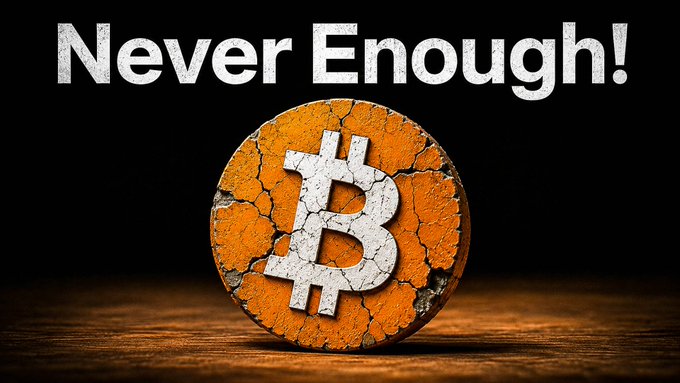 Image showing a weathered, cracked orange coin with a white Bitcoin symbol on a wooden surface, with the text 'Never Enough!' displayed in large white letters at the top against a black background.