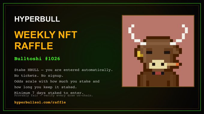 A promotional graphic for the Hyperbull Weekly NFT Raffle featuring Bulltoshi #1026, showing a pixelated brown bull character with white horns on the right side. The text explains that staking $HBULL automatically enters participants into the raffle, with odds scaling based on stake amount and duration (minimum 7 days), directing viewers to hyperbullisol.com/raffle.