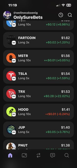 The image shows an iPhone screen displaying a list of cryptocurrency symbols, including Bitcoin, Ripple, and Litecoin. The text "Only SureBets" is also present on the screen. The phone's position is at 10:19, with the time displayed as 11:19 AM.