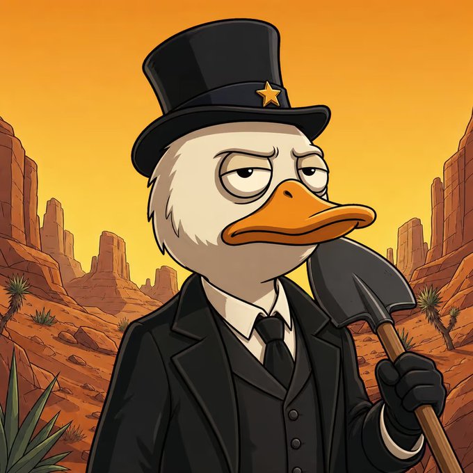 A cartoon duck character dressed in a black suit, tie, and top hat with a star, holding a pickaxe, stands against a desert canyon backdrop with an orange sky.