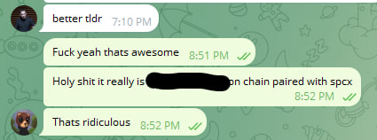 A Discord chat shows a user sharing a screenshot of being linked with the TIDR ticker, prompting excited reactions like "Fuck yeah thats awesome" and "Holy shit it really is [redacted] chain paired with spcx," with another user replying "Thats ridiculous" in response to the 🚀 post.