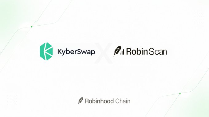 A promotional graphic displaying 'KyberSwap x RobinScan' on 'Robinhood Chain' with green and black logos on a white background.