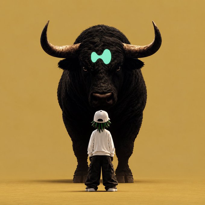 A stylized image showing a child wearing a white cap and sweatshirt standing in front of a massive dark bull with a glowing teal logo on its forehead, against a yellow background.