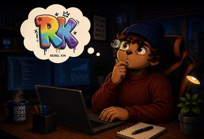 An illustration of an anthropomorphic bear character with glasses sitting at a desk with a laptop. A thought bubble above shows graffiti-style text 'RK' and 'REBEL KIN'. A poster on the wall reads 'FOCUS PLAN BUILD REPEAT', and a mug says 'GOOD IDEAS START WITH COFFEE'.