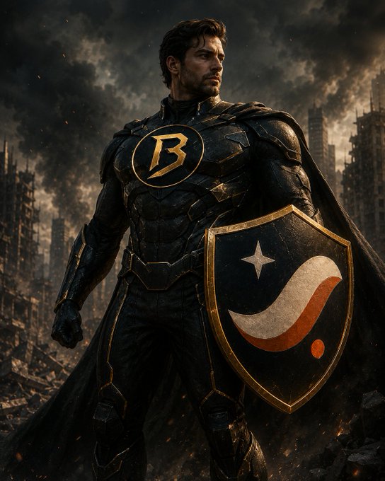 The image features a man dressed as a superhero, standing against a backdrop of rubble and buildings. He is holding a shield with a star symbol on it. The caption for this image reads "gm Starknians @Starknet is helping scale Bitcoin. strkBTC aims to bring a composable, private, and trustless BTC. A 3-phase roadmap that could reshape the future."