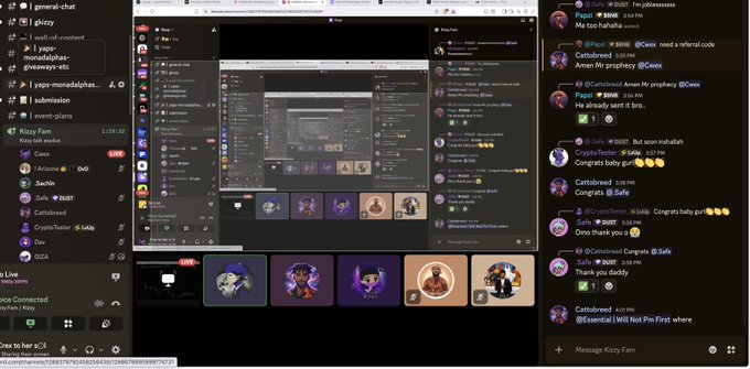 A screenshot of a Discord video call interface showing multiple participants with animated avatars, a chat sidebar on the right with messages from users like 'Podd' and 'Catalbreed', and channel lists including 'general-chat', 'submission', and 'Kizzy Fam'.