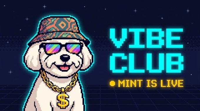 A pixel-art graphic of a dog wearing a patterned cap, rainbow sunglasses, and a gold '$' chain next to cyan neon text reading 'VIBE CLUB' and 'MINT IS LIVE'.