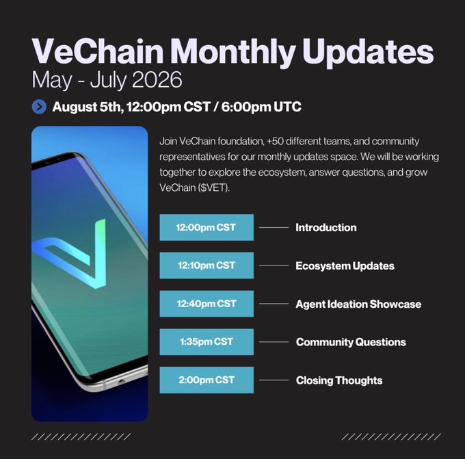 A promotional graphic for 'VeChain Monthly Updates' on August 5th at 12:00pm CST / 6:00pm UTC, featuring a schedule from Introduction at 12:00pm CST to Closing Thoughts at 2:00pm CST.