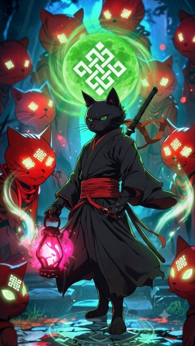A vibrant digital illustration of a black cat dressed as a samurai/ninja in dark robes with a red sash, holding a glowing pink lantern and a katana, surrounded by red floating fox/cat spirits with digital symbols on their foreheads and a green rune symbol above.
