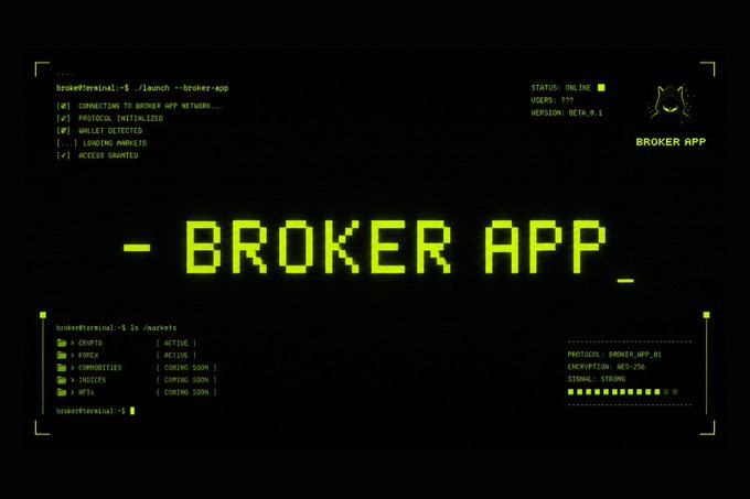 The image displays a stylized terminal interface for "BROKER APP" (BAPP), showing a command-line launch sequence with status indicators (ONLINE, 777 users, BETA 0.1) and a directory listing of asset classes including Crypto, Forex, Commodities, Indices, and NFTs, all marked as ACTIVE or COMING SOON. This cyberpunk-themed graphic visually represents the Broker App project referenced in the post, which announces the launch of its official mint page and wallet checker on OpenSea for an RWA (Real World Assets) related project.