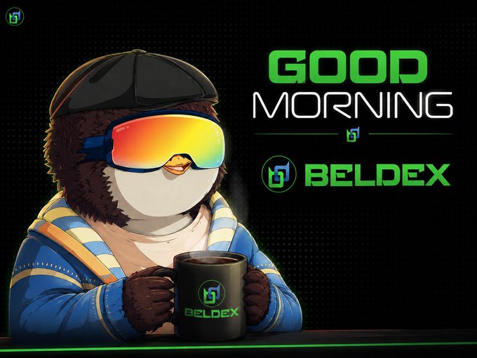 Cartoon penguin wearing ski goggles, a black cap, and blue jacket holds a 'BELDEX' mug, with text reading 'GOOD MORNING' and the Beldex logo.