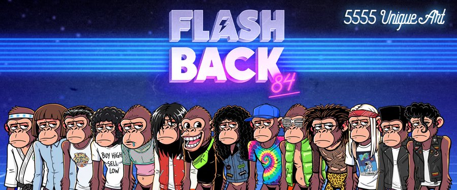 A group of stylized, diverse primate characters is lined up in front of a neon retro-wave background featuring the text "FLASHBACK 84." The artwork reflects the "analog noise" and "visual energy of 1984" mentioned in the post, serving as a teaser for the upcoming 5,555-piece NFT collection.