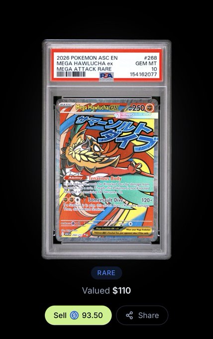 A graded Pokémon Mega Hawlucha ex card (#268) in a PSA 10 GEM MT case, valued at $110, shown in a marketplace listing for $93.50, representing a rare pull from a Jupiter Gacha silver pack mentioned in the post.