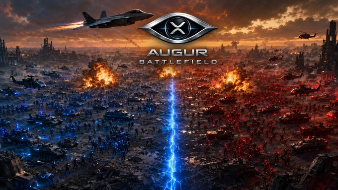 A dramatic battlefield scene with the text 'AUGUR BATTLEFIELD' featuring jets, armies clashing across a blue/red divided landscape.