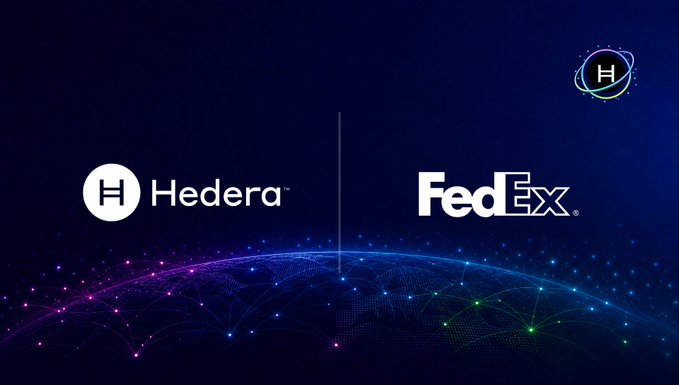 The image features the Hedera and FedEx logos displayed side by side against a dark, cosmic-themed background with a glowing digital network connecting nodes across what appears to be a globe. A small Hedera logo also appears in the upper right corner, with a vertical line visually dividing the two brand names to emphasize their partnership.

This visual aligns with the post's message about FedEx's role as a Hedera Council member, symbolizing the collaboration between the blockchain network and the global logistics giant in governance and cross-border data verification.