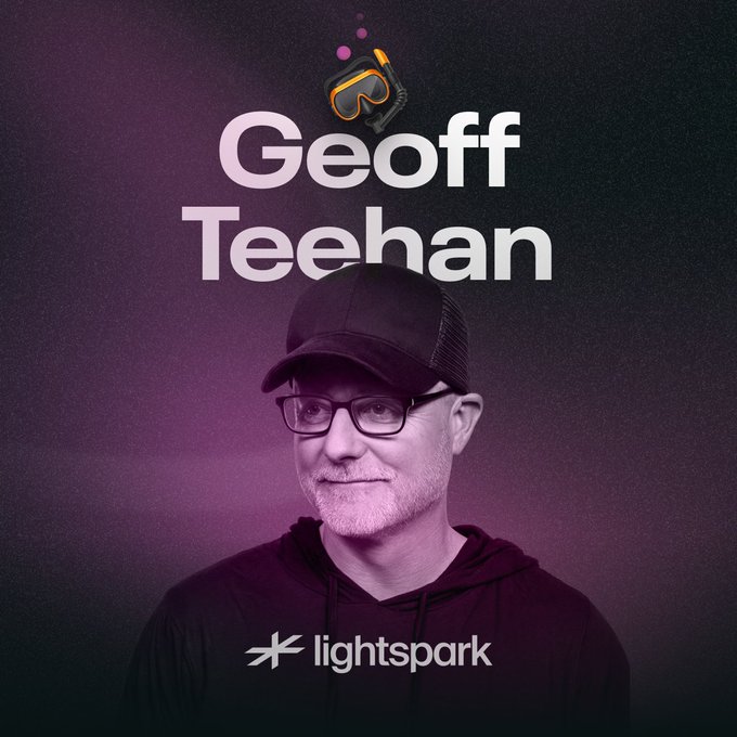 Stylized portrait of 'Geoff Teehan' with the 'lightspark' company logo at the bottom, set against a purple background with a small diving helmet graphic.