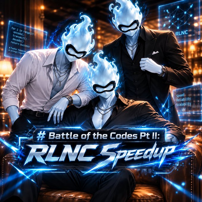 A promotional graphic titled '# Battle of the Codes Pt II: RLNC Speedup' featuring three figures with flaming masks and suits, surrounded by digital code and the words 'Speed, Reliability, Scalability'.