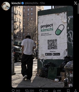 A street photo shows a “project kimchi” mural with a QR code and pill graphic on a wall, while a man walks past; the Instagram post is by @kimchiitx and includes the text “Pump.fun.” The caption references a newly launched $KIMCHI token, its market cap reportedly rising to $15M before crashing to $1M in minutes.