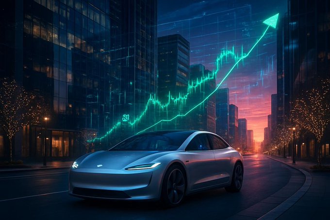 A sleek silver electric car parked on a city street at dusk, overlaid with a glowing green stock chart arrow trending upward.