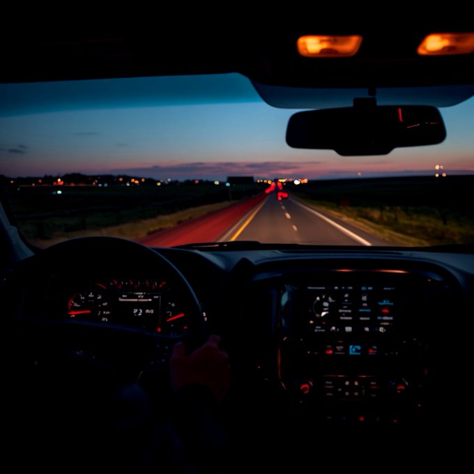 A first-person view from inside a car driving down a highway at dusk, with the dashboard illuminated, red taillights ahead, and a colorful sunset on the horizon.