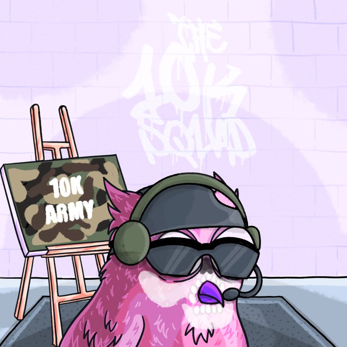 A cartoon image features a pink, furry creature wearing military green headphones and sunglasses, speaking into a headset microphone, sitting in front of an easel holding a camouflage canvas that reads '10K ARMY', with graffiti on the wall behind.