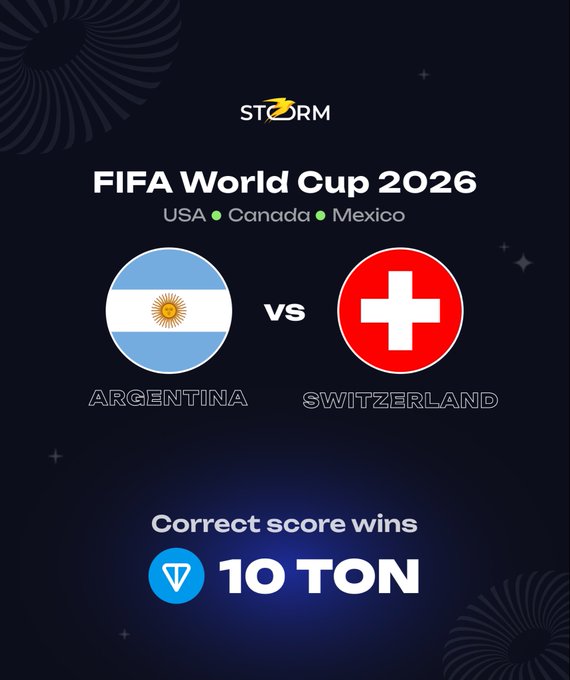 Promotional graphic for a FIFA World Cup 2026 prediction contest featuring an Argentina vs Switzerland match, offering 10 $TON (TON) cryptocurrency to the winner who predicts the correct exact score, with a dark blue design displaying both countries' circular flag emblems.