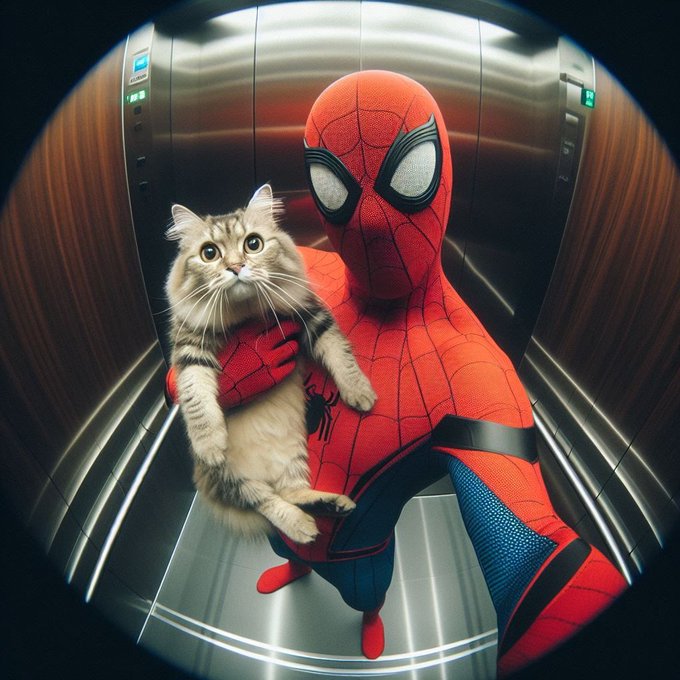 Spider-Man stands in a metallic elevator holding a wide-eyed, fluffy tabby cat in his arms.