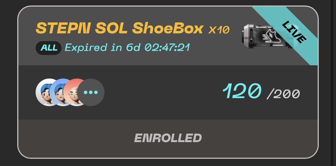A dark UI card for 'STEPIN SOL ShoeBox x10' marked as 'LIVE,' showing an expiration timer of 6 days 02:47:21, with 120/200 participants enrolled and three user avatars visible.