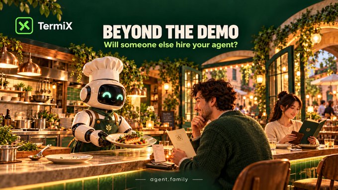 An advertisement for 'Termix' with the tagline 'BEYOND THE DEMO: Will someone else hire your agent?', depicting a robot chef serving a human customer in a restaurant, with 'agent.family' at the bottom.