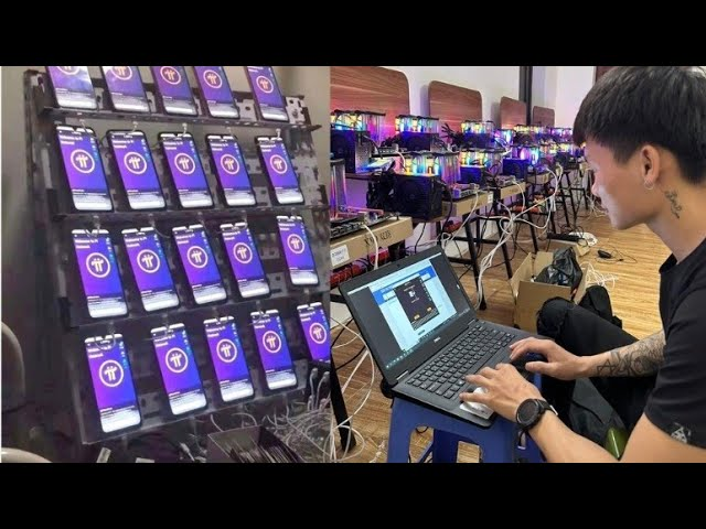 A split image showing a farm of smartphones running an app on the left, and a young man working on a laptop managing what appears to be a cryptocurrency mining or phone farming operation on the right.