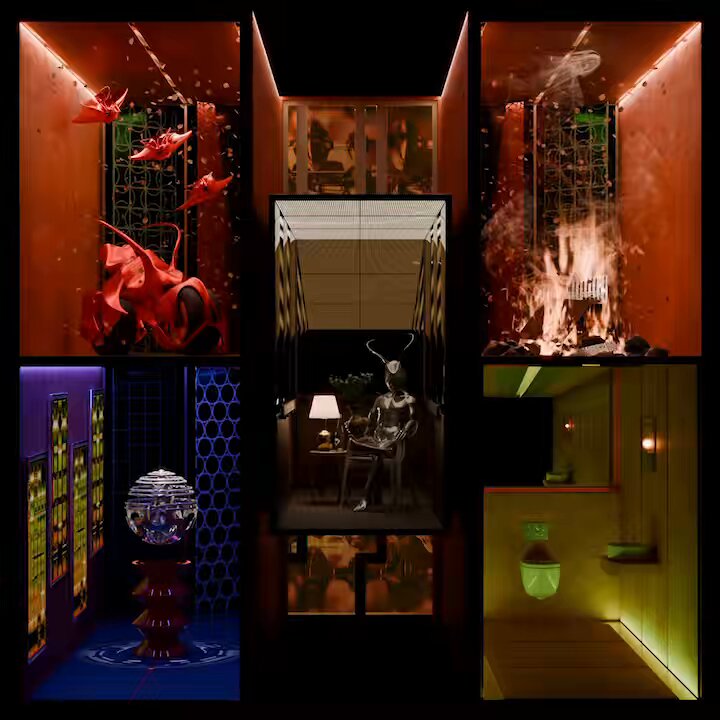 "The Fall has been claimed by @absurdeity Part of the commissioned Seasons collection on @objktcom. The image depicts a room with four distinct scenes, each showcasing a different aspect of the Fall season. In the top left corner, there is a red dragon flying through the air. The middle section features a man sitting at a desk surrounded by various objects such as a lamp and a clock. The bottom right corner shows a person standing in front of a window with a fire burning inside it. The image also includes a caption that reads "The Fall has been claimed by @absurdeity Part of the commissioned Seasons collection on @objktcom. Focus on what is in the image and how it relates to the post."