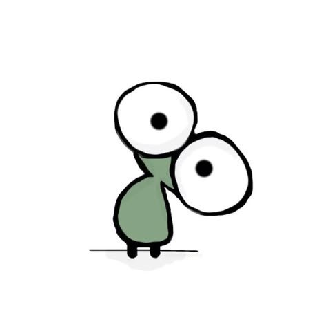 A simple cartoon illustration shows a small green plant-like character with two large white eyes and black pupils standing on a horizontal line.