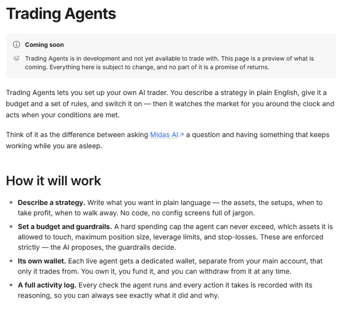 A webpage describing "Trading Agents," a coming-soon feature that lets users set up AI traders in plain English with budgets and rules, covering how to describe strategies, set guardrails, allocate wallets, and review activity logs.
