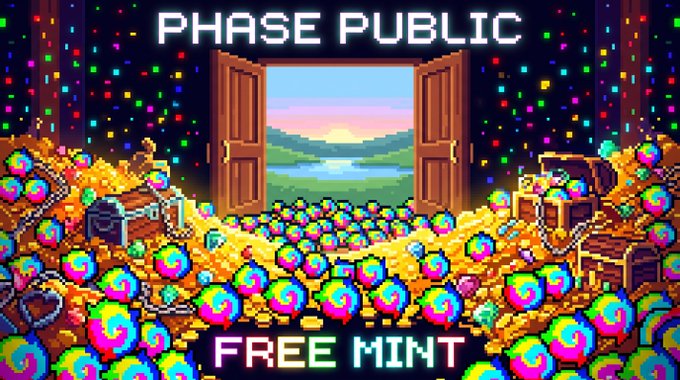 Pixel art shows a large room overflowing with colorful swirled lollipops, treasure chests, and gold coins, with the text 'PHASE PUBLIC' at the top and 'FREE MINT' at the bottom.