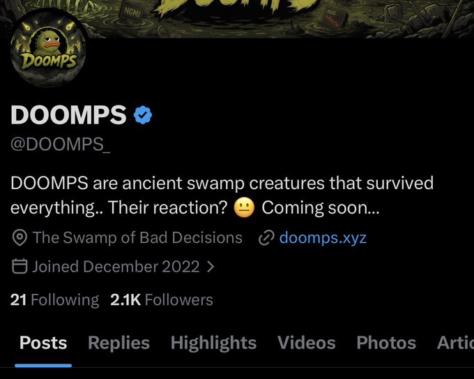 Twitter/X profile page for DOOMPS (@DOOMPS_), describing them as 'ancient swamp creatures that survived everything' based in 'The Swamp of Bad Decisions' with 2.1K followers.
