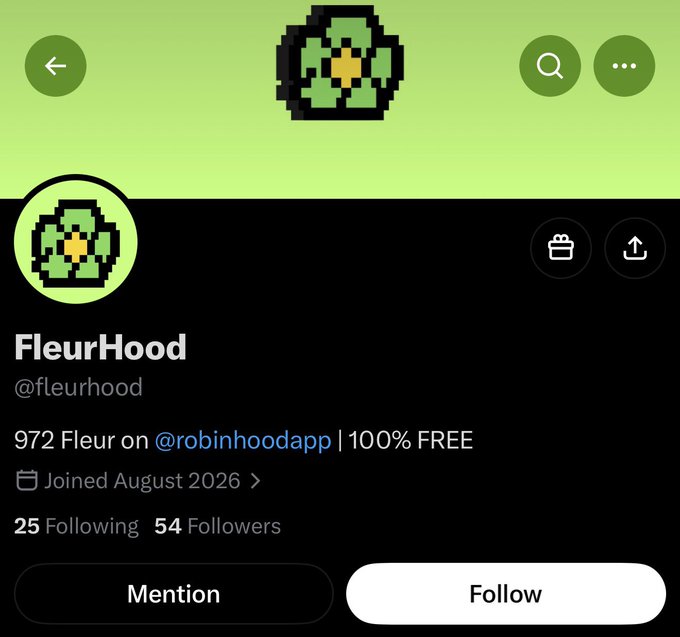 A screenshot of the FleurHood (@fleurhood) X/Twitter profile showing 54 followers, a join date of August 2026, and 972 Fleur tokens on Robinhood, with Mention and Follow buttons displayed at the bottom.