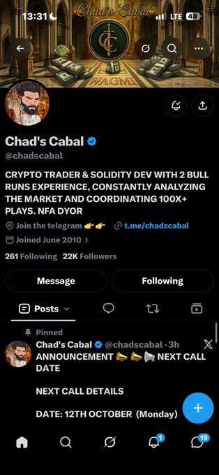 A Twitter/X profile page for 'Chad's Cabal' (@chadzcabal), a crypto trader account with 22K followers, displaying a pinned announcement about an upcoming call date of October 12th.