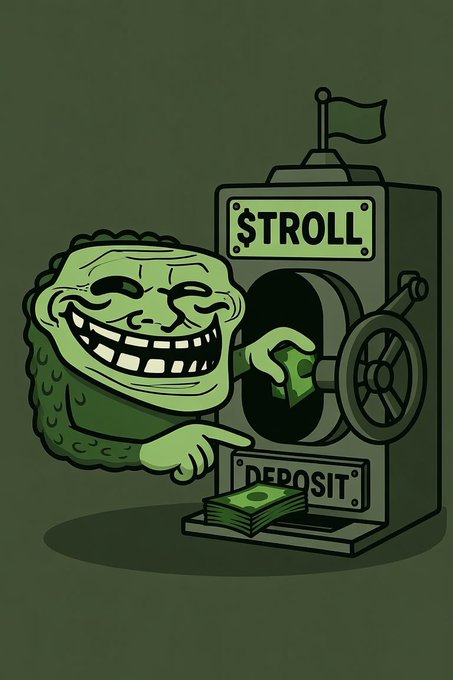 A cartoon illustration on a dark green background features a classic green troll face character inserting a dollar bill into a machine labeled '$TROLL' and 'DEPOSIT'.