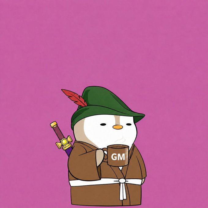 A cartoon penguin wearing a green Robin Hood-style hat with a red feather holds a mug labeled "GM" against a magenta background, symbolizing a friendly "Good Morning" greeting to the crypto community. The character ties into the post's cheerful morning sentiment while referencing the Robinhood brand through its iconic hat, hinting at the potential reshaping of the meme coin space.