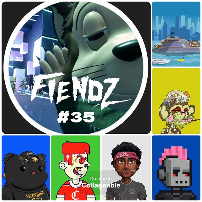 A collage featuring a 'FIENDZ #35' graphic with a stylized cat-like character, alongside several NFT-style avatar portraits and a 'Created in Collageable' watermark.