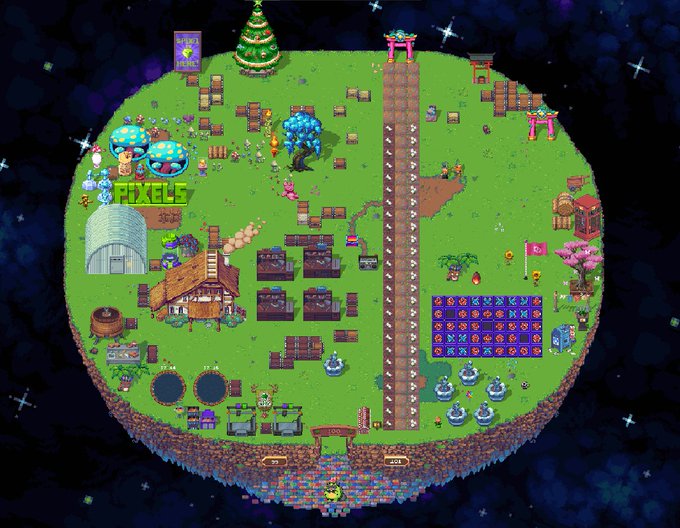 The image shows a large, colorful map of a planet with various elements such as buildings, trees, and other objects scattered across its surface. The map also includes a small town at the center, surrounded by a forest area. The text "Stop scrolling and show us your Pixels land" is present in the image.