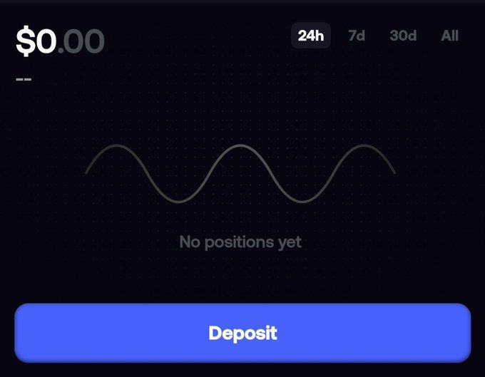 A dark-themed trading app interface displays a balance of $0.00 with 'No positions yet' and a blue 'Deposit' button.