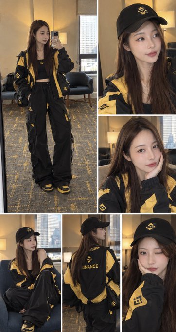 Collage of a young woman posing in a black and yellow Binance tracksuit and matching cap with the Binance logo.