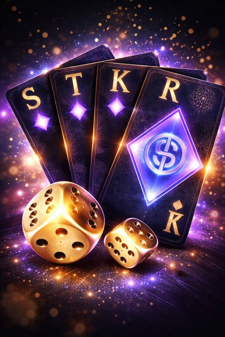 The image features a purple background with gold stars, four playing cards, two dice, and a $STKR sign. The text "Good Night Legends At ease $STKR will make you proud It has the pedigree." suggests that the content is related to a casino or gaming establishment. The presence of the $STKR logo indicates that it could be an advertisement for a casino or a game room within one, promoting their services and products.

The image also includes two dice with gold edges, which are placed on top of playing cards. This arrangement suggests that the scene is set in a gaming environment where players can use these dice to determine their moves during card games like poker or blackjack. The combination of elements creates an atmosphere of fun and excitement associated with casino experiences.