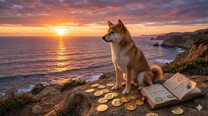 The image features a dog sitting on a rock near the ocean, with an open book next to it. The scene takes place at sunset over the water, creating a serene atmosphere. The text "Friday reflection" suggests that this moment captured could be related to a discussion or contemplation about investing in cryptocurrency and the importance of patience and faith during uncertain times.